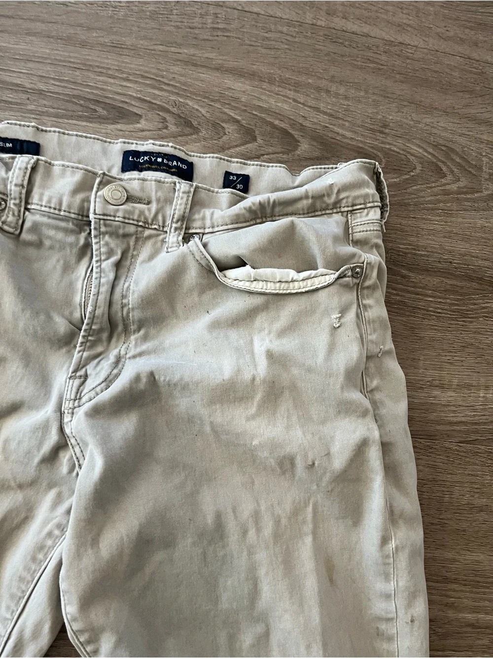 Lucky Brand 121 Slim Khaki Jeans Mens 33x30 Tan Stretch Denim Pants Distressed